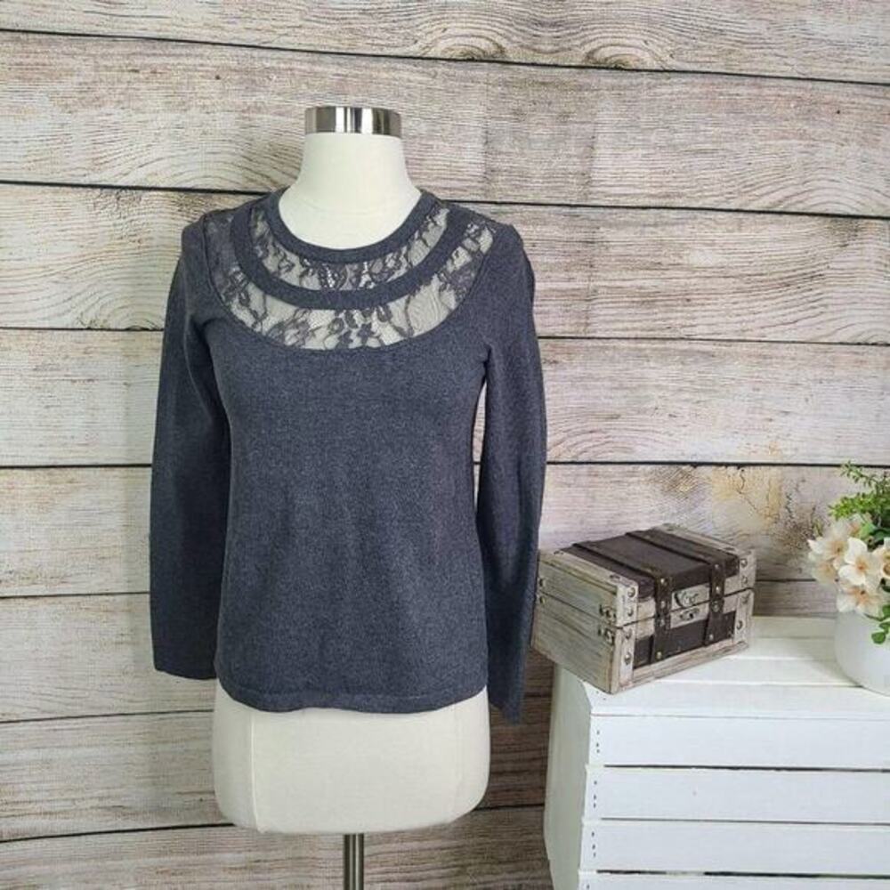 Vince Camuto Gray Lace Panel Neckline Sweater Extra Small